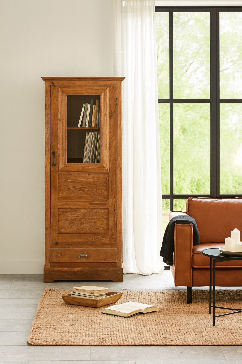 Lifestyle image of a antique teak wood display cabinet with glass door, shelves, and lower drawer – unique furniture piece crafted from teak wood with traditional Indian design and honey wax finish.