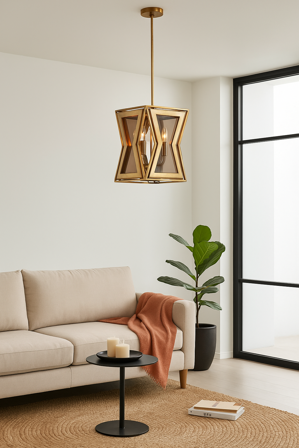 Lifestyle image of a tapered pendant lamp with wood, brass cladding, and tinted glass panels – vintage lighting meets modern design, ideal for use as an iron pendant lamp in living rooms, dining areas, or entryways.