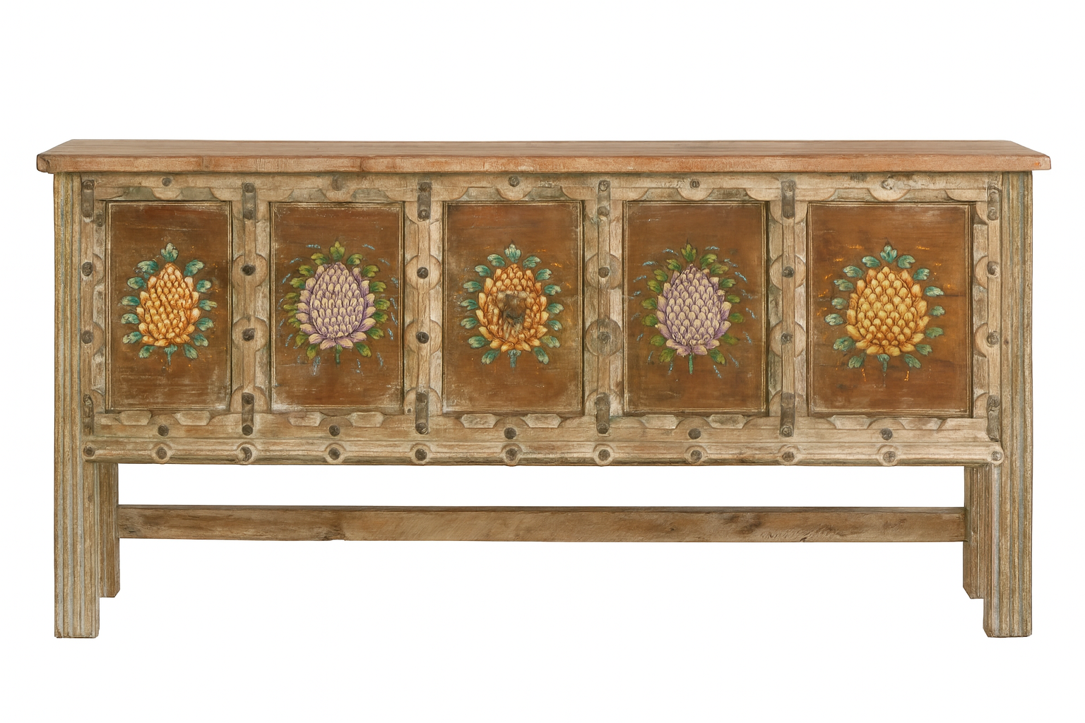 White background image of a teak wood console table made from recycled antique house parts with hand-painted front; sustainable furniture, 183 × 85 × 42 cm.