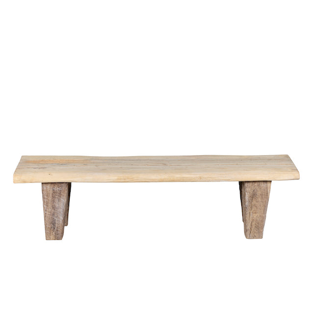 White background image of a rustic teak bench made from reclaimed antique wood, restored natural finish; sustainable furniture, 160 × 52 × 40 cm.