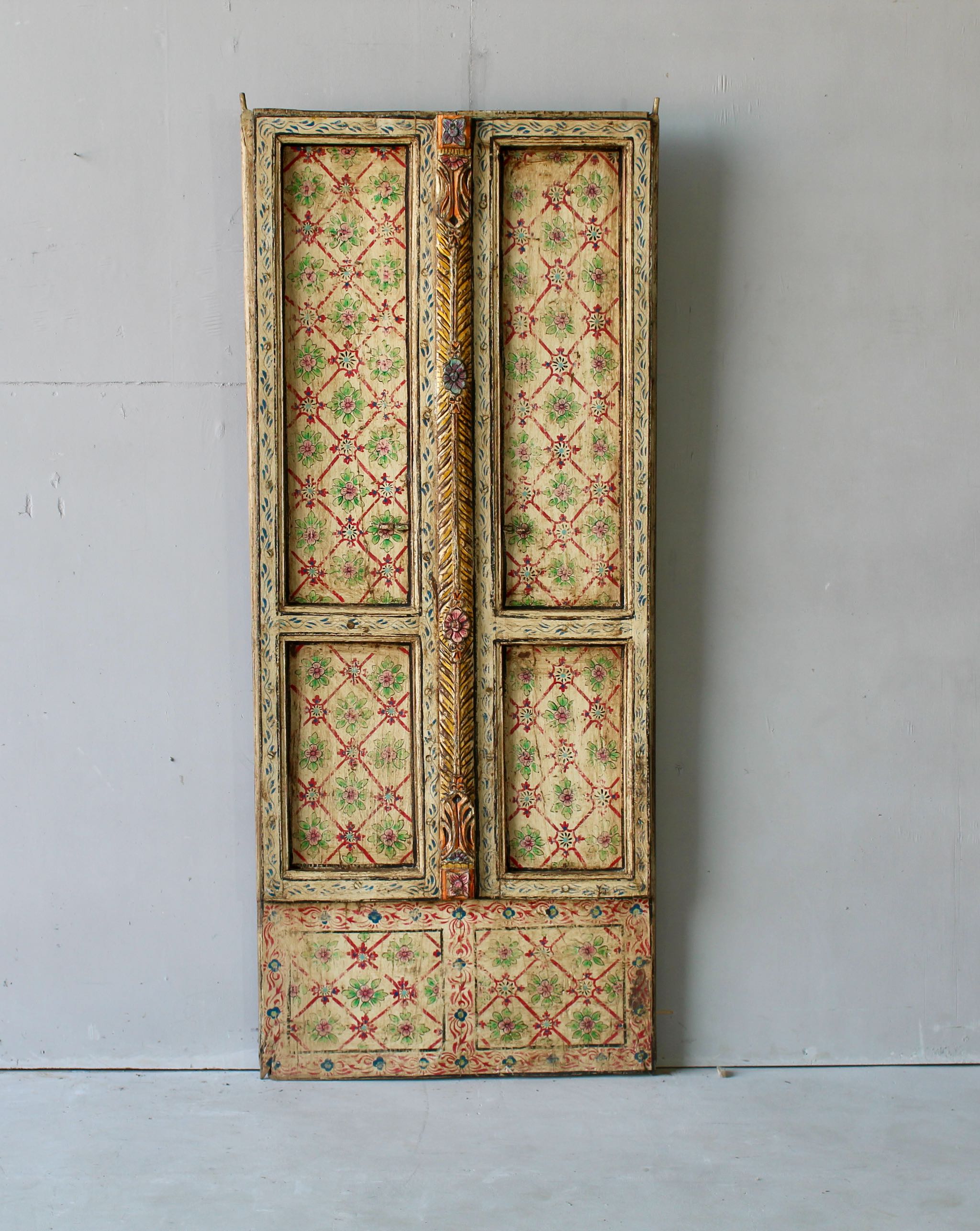 Antique Indian teak wood door panel with hand-painted floral lattice design, vintage wall panels for heritage and vintage home decor.