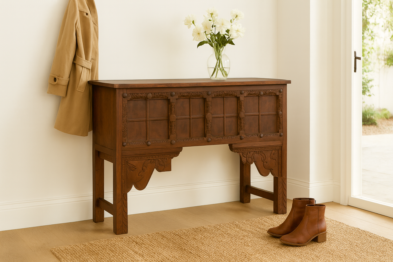 Lifestyle imagination of a teak wood console table made from reclaimed Indian door parts; handcrafted old door furniture, 183 × 90 × 43 cm.