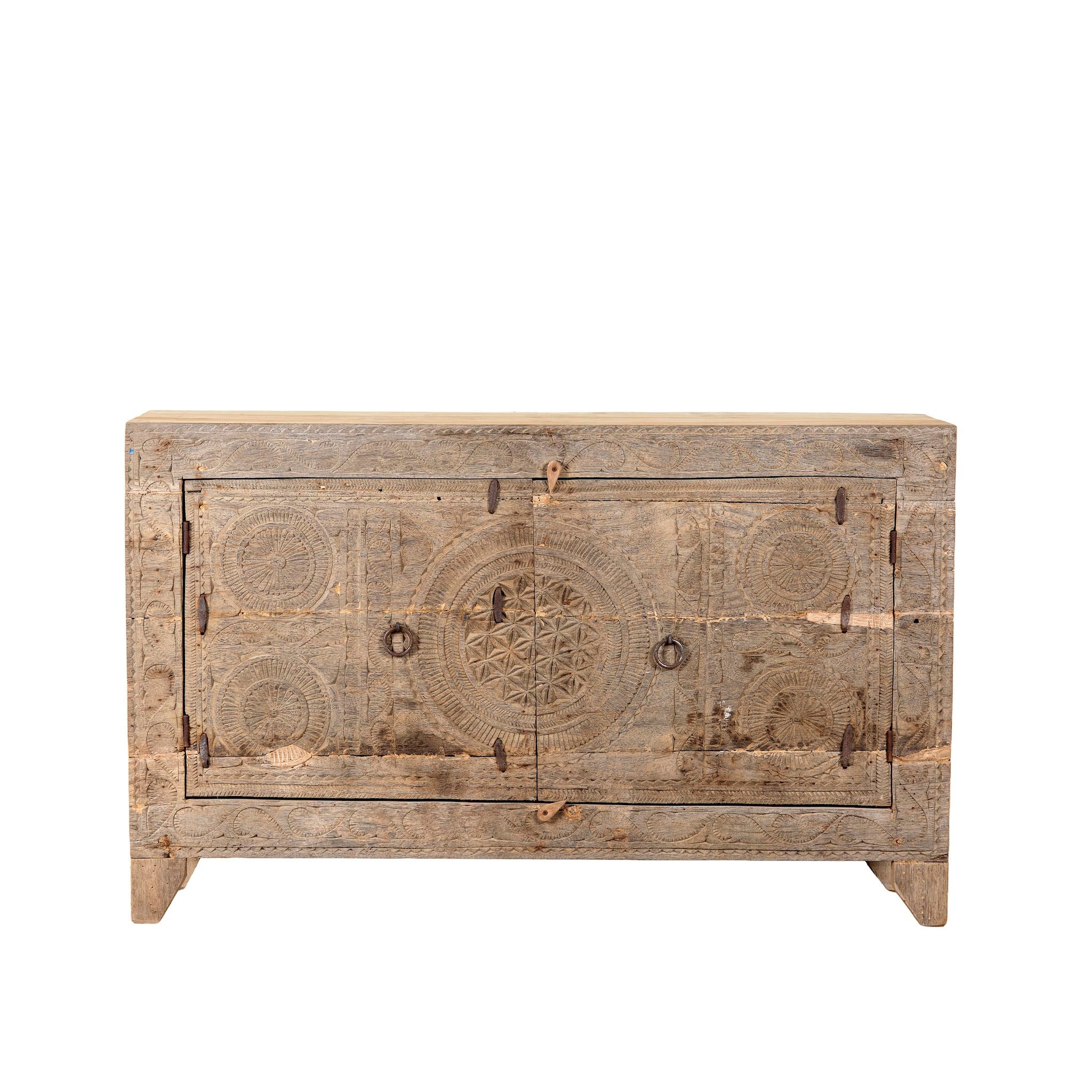 White background image of a reclaimed wood sideboard made from antique teak doors with carved detailing; teak furniture, 134 × 37 × 82 cm.