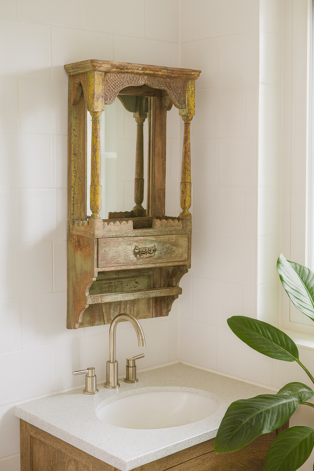 Lifestyle imagination of a vintage wooden mirror cabinet made from reclaimed wood with drawer and shelf; rustic bathroom furniture, 40 × 25 × 65 cm.