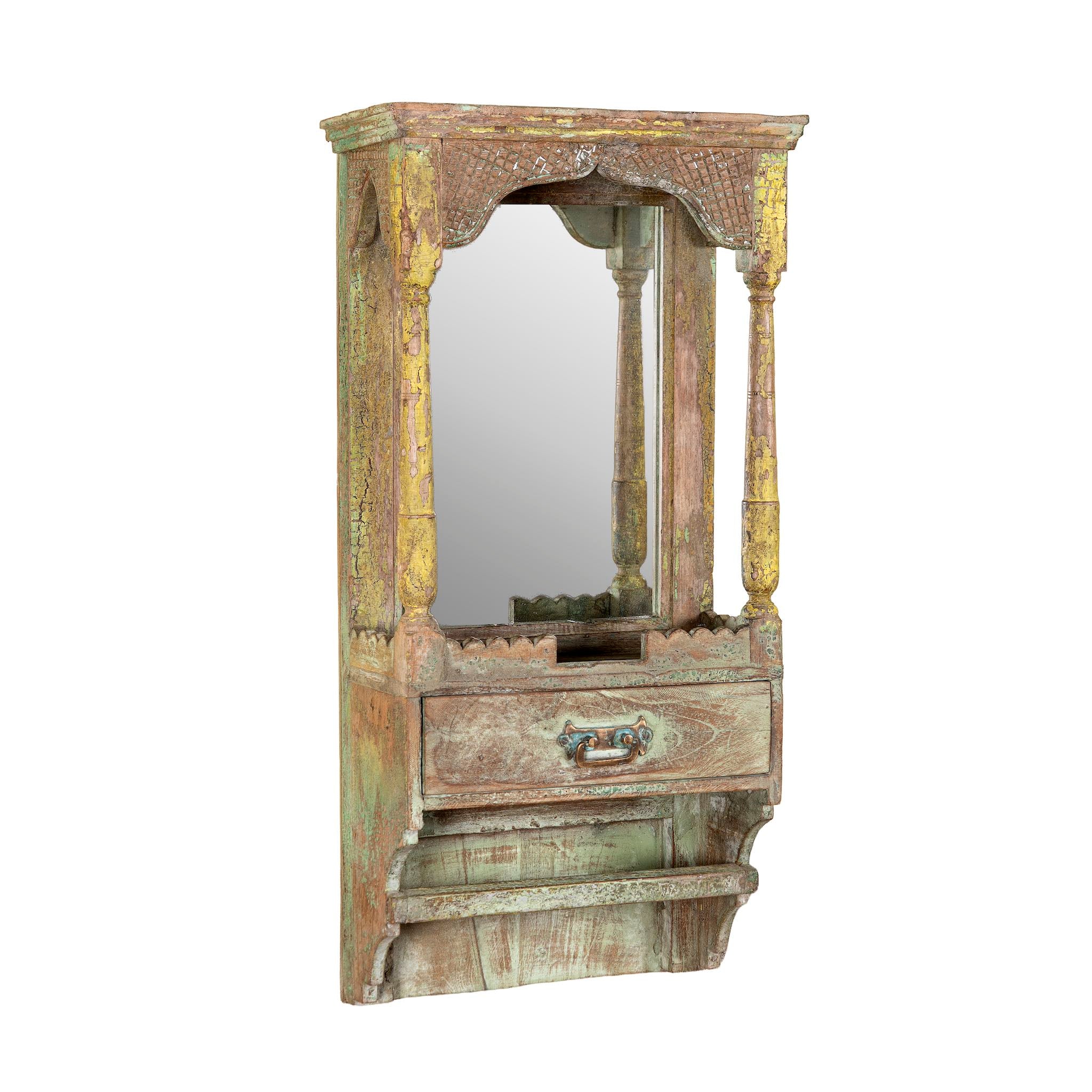 White background image of a vintage wooden mirror cabinet made from reclaimed wood with drawer and shelf; rustic bathroom furniture, 40 × 25 × 65 cm.