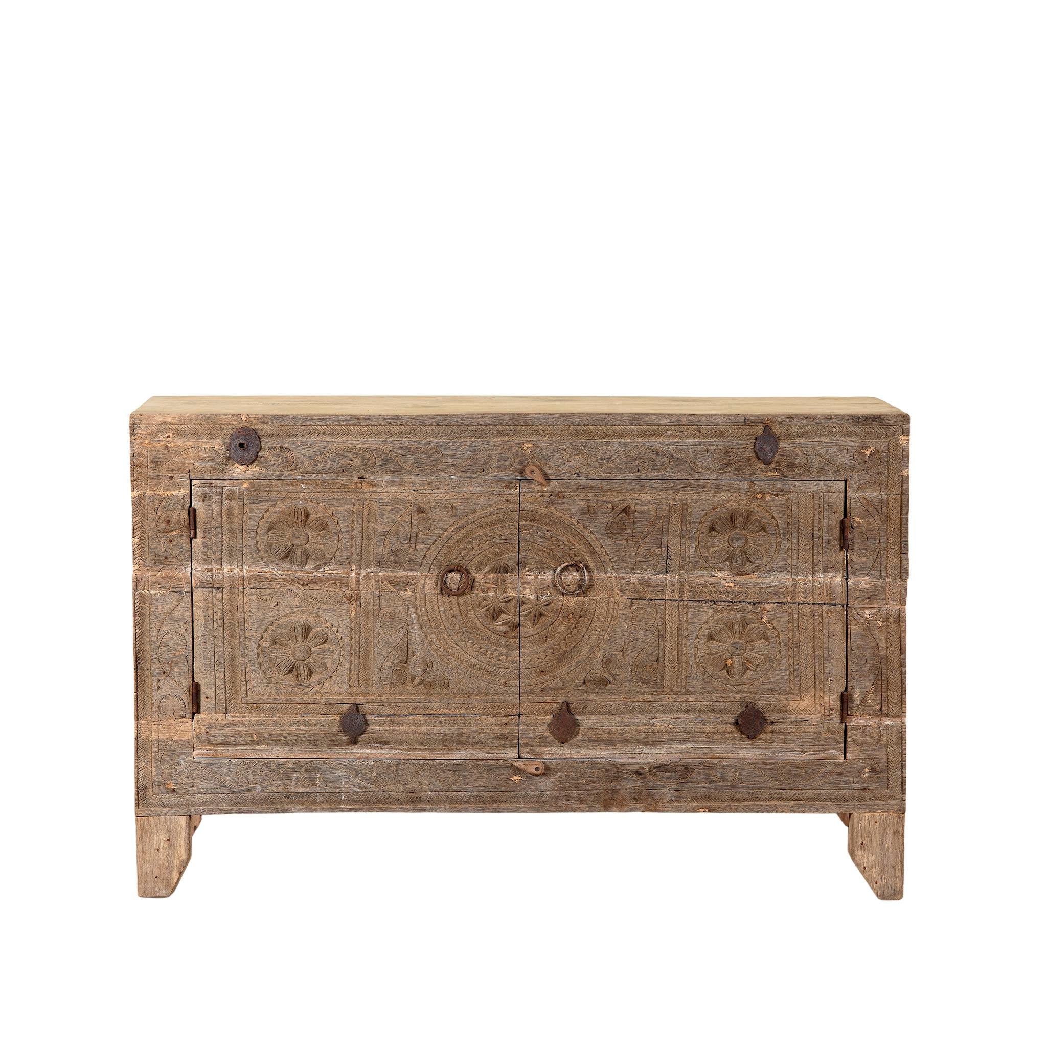 White background image of a reclaimed wood sideboard made from antique teak doors with carved detailing; teak furniture, 130 × 38 × 83 cm.