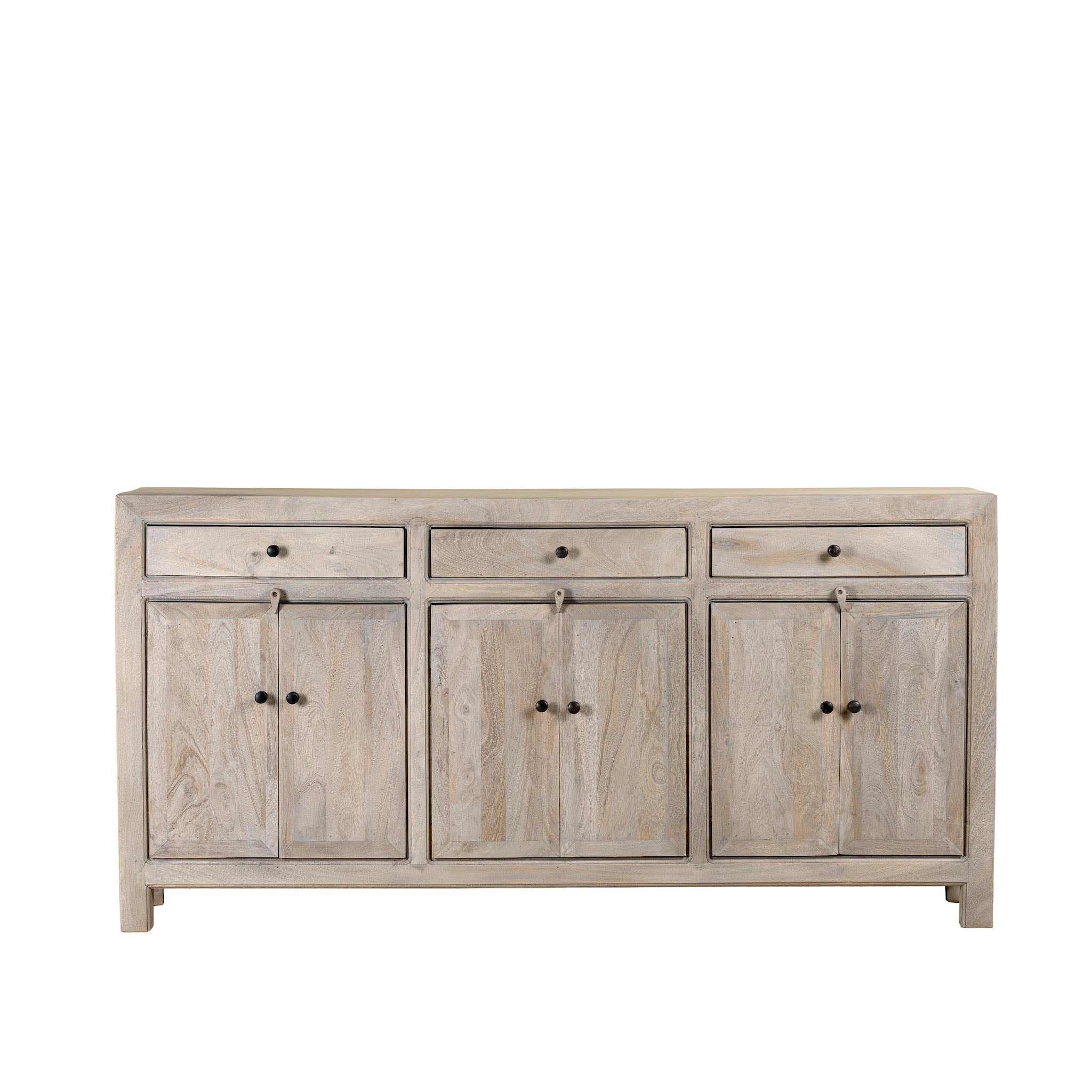 White background image of a sandblasted mango wood sideboard with 3 drawers and 4 cabinet doors; Mediterranean-inspired mango wood furniture, 180 × 40 × 90 cm.