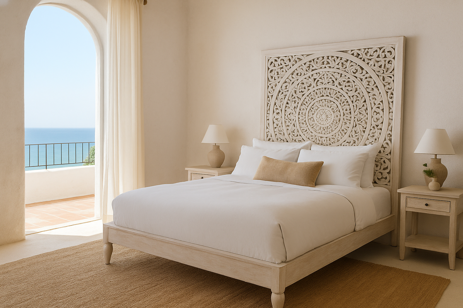 White panel boho bed Flair in solid mango wood with carved floral headboard, Mediterranean-inspired bedroom furniture, 180 × 200 cm.