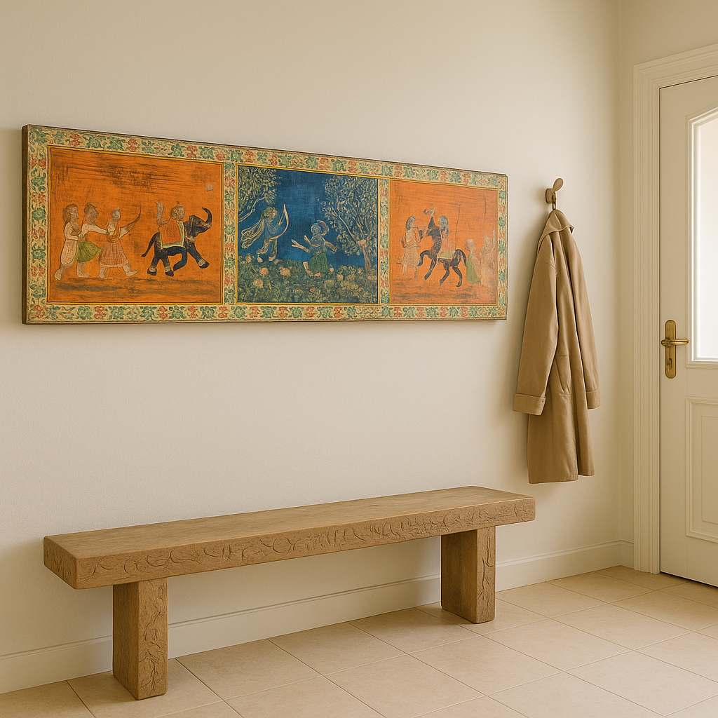 Lifestyle imagination of a hand-painted Indian wall panel made from reclaimed teak wood door with royal and animal motifs; unique wall panel in boho style décor, 208 × 4 × 55 cm.