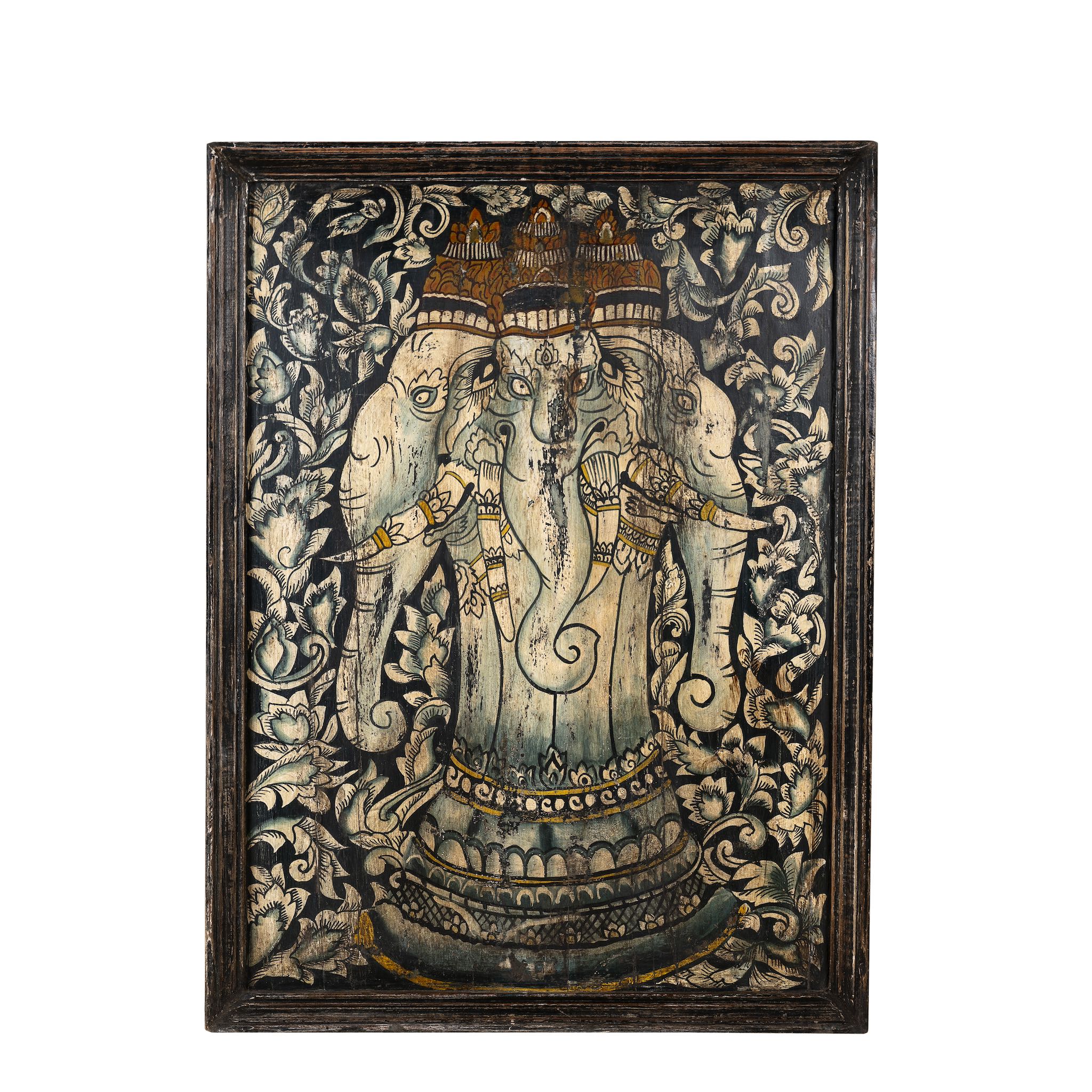 White background image of a hand-painted wall panel made from old teak wood, featuring an intricate depiction of Lord Ganesh in vibrant earthy tones, surrounded by ornate floral patterns, showcasing traditional Indian artistry and spiritual symbolism.