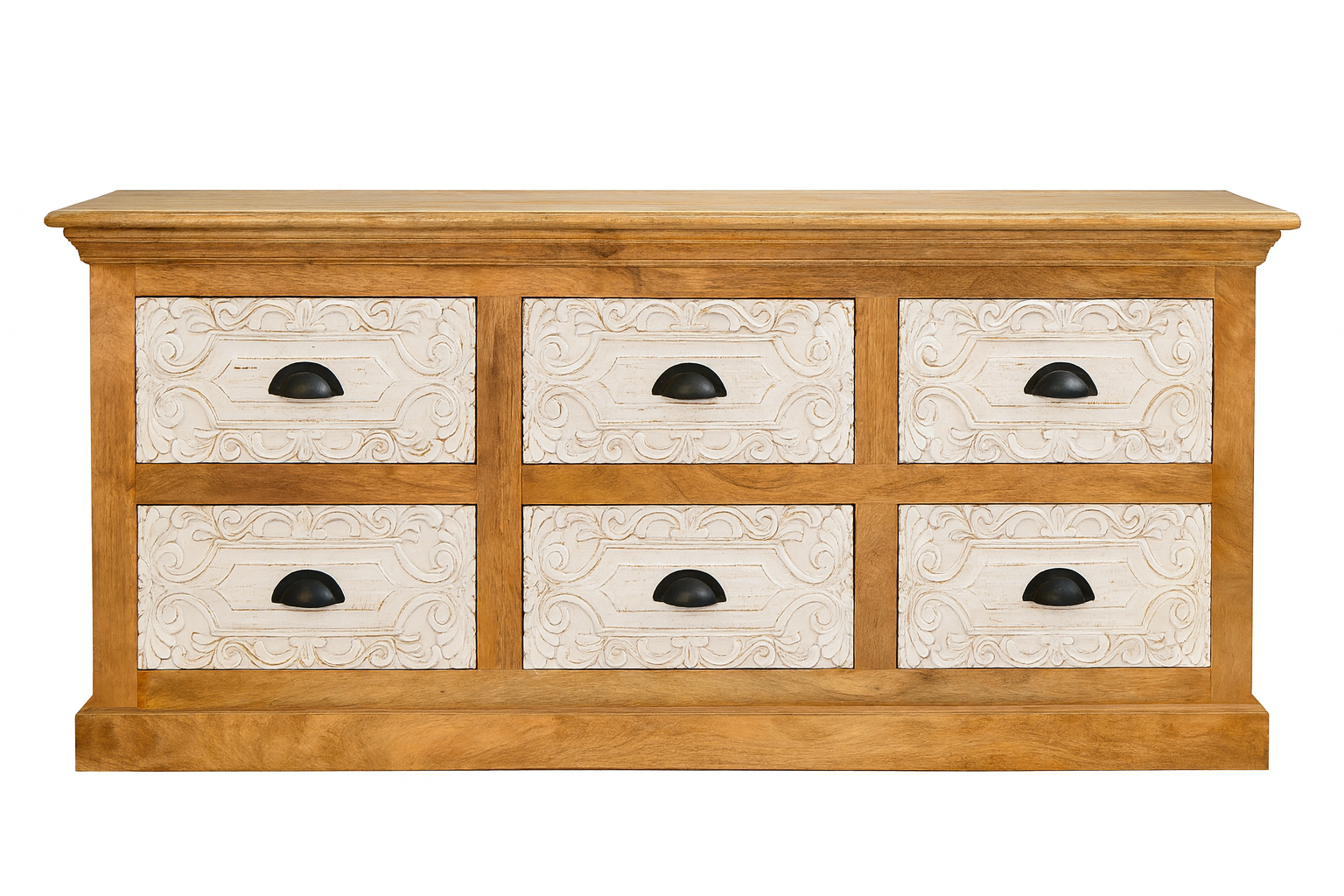 White background image of a handcrafted wooden chest of drawers made from mango wood with six hand-carved fronts – Gaya by Om Home & Garden, Mediterranean style furniture with artisanal character.