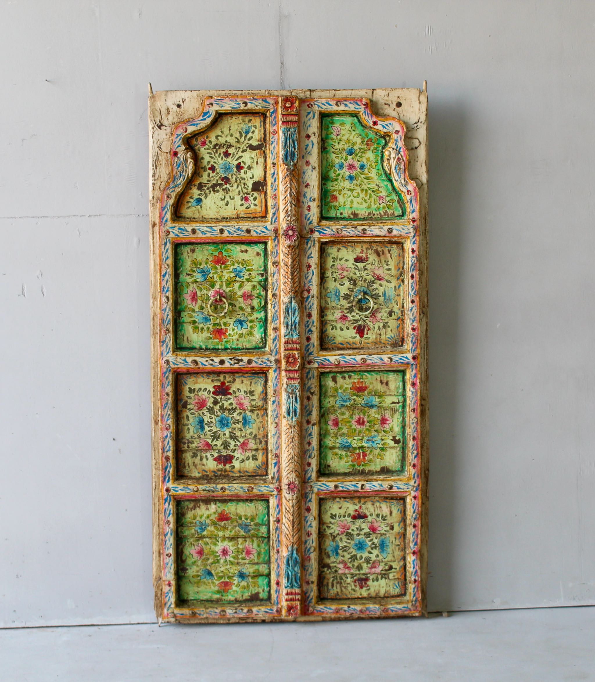 Hand-painted Indian antique door panel with floral motifs, reclaimed teak wood, vintage wall panels and vintage home decor.