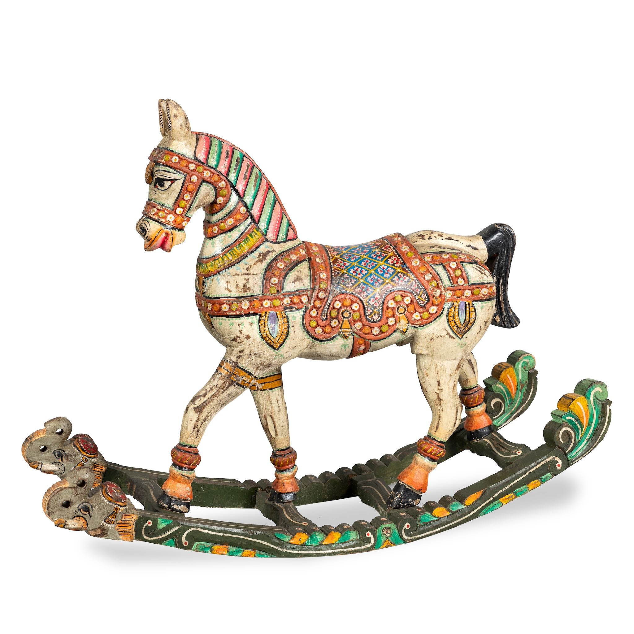 White background image of a hand-painted mango wood rocking horse “Gita” in Rajasthani style – colourful Indian home accessory and mango wood decor piece, 104x78x30cm.