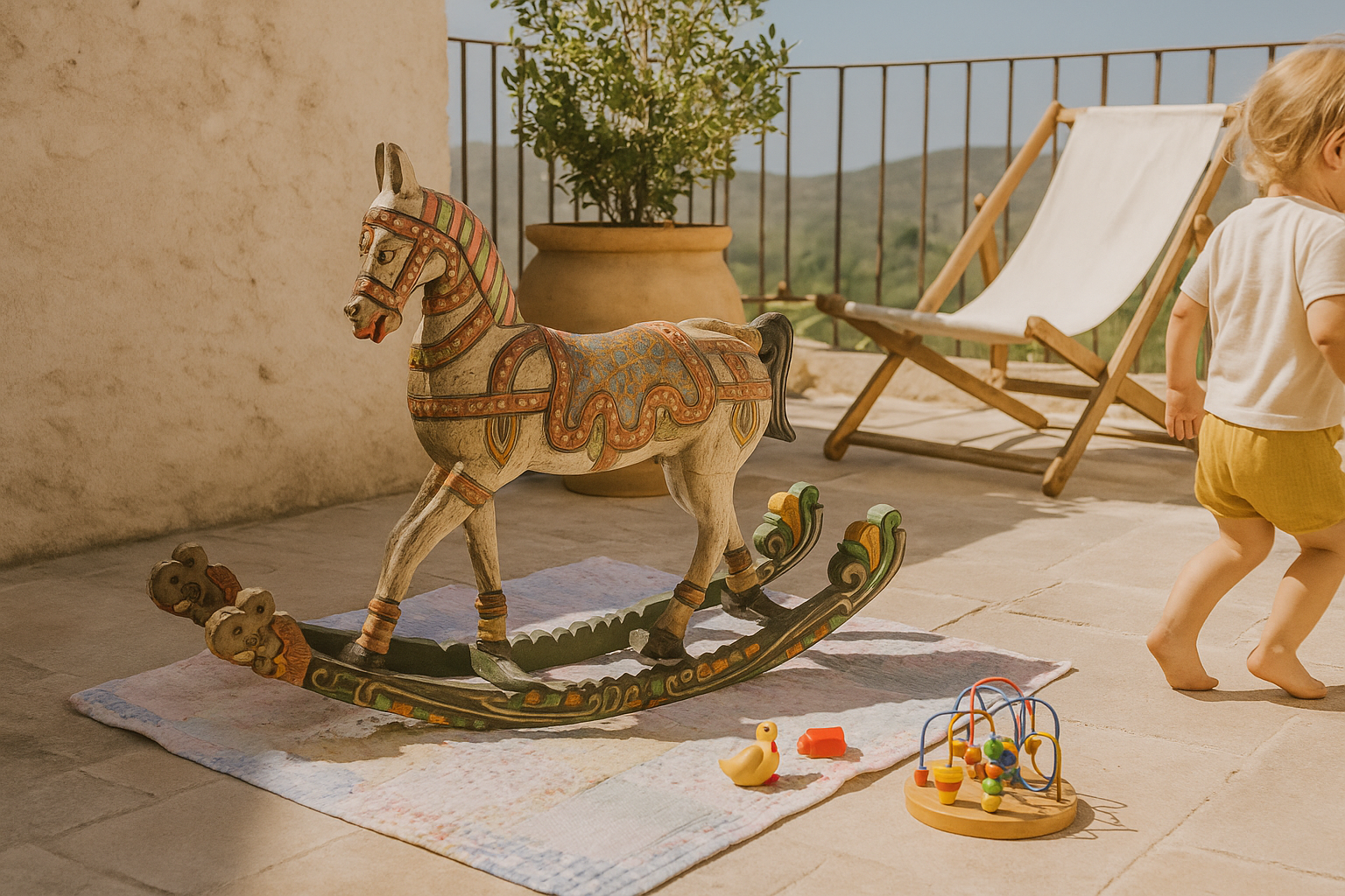 Lifestyle image of a hand-painted mango wood rocking horse “Gita” in Rajasthani style – colourful Indian home accessory and mango wood decor piece, 104x78x30cm.
