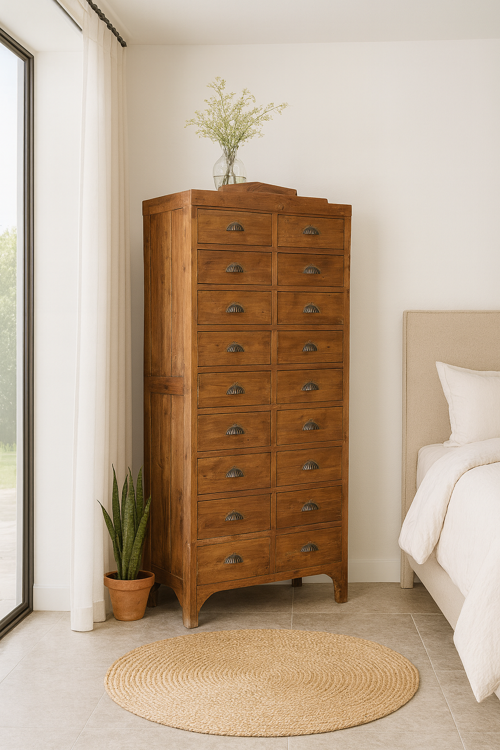 Lifestyle imagination of a tall teak wood furniture chest of drawers with 18 drawers and iron handles, in natural teak finish, 88 × 190 × 40 cm