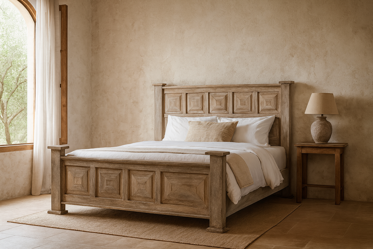 Bedroom scene with a wooden bed frame with panelled headboard and footboard, made of reclaimed wood in sandblasted Ibiza style, boho beds and bedroom furniture, 180 × 200 × 140 cm.