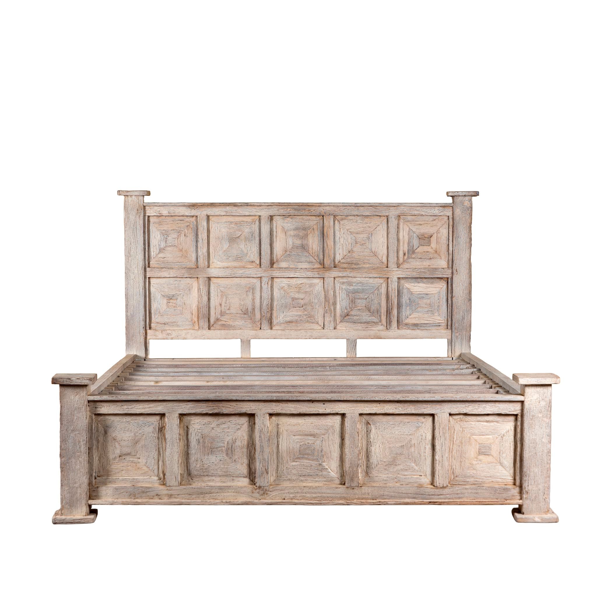 White background image of a wooden bed frame with panelled headboard and footboard, made of reclaimed wood in sandblasted Ibiza style, boho beds and bedroom furniture, 180 × 200 × 140 cm.