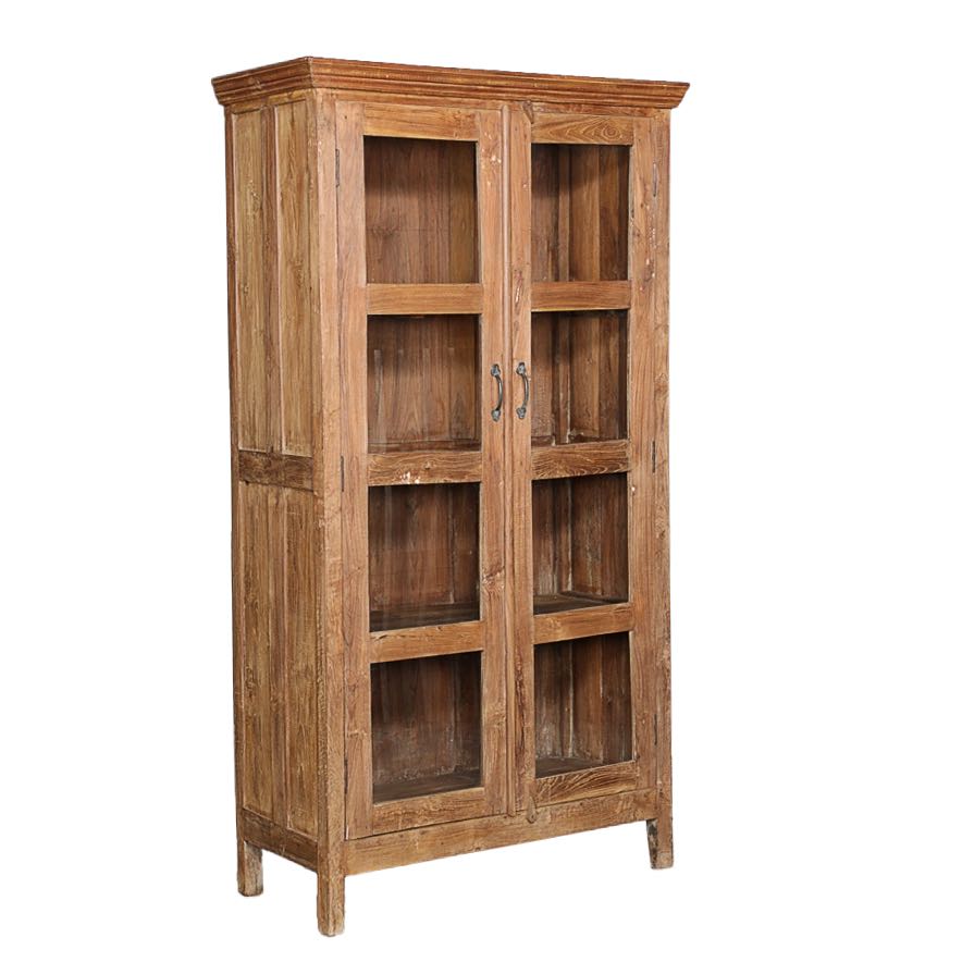 Side angle image of a recycled teak wood showcase with four glass-framed doors and internal storage – sustainable teak wood furniture combining timeless elegance and eco-friendly craftsmanship.