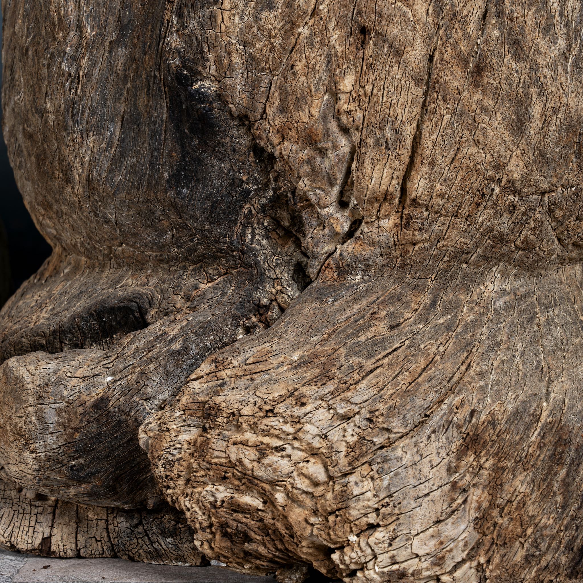 Close up of a side table in rustic minimalistic style made o reclaimed wood.