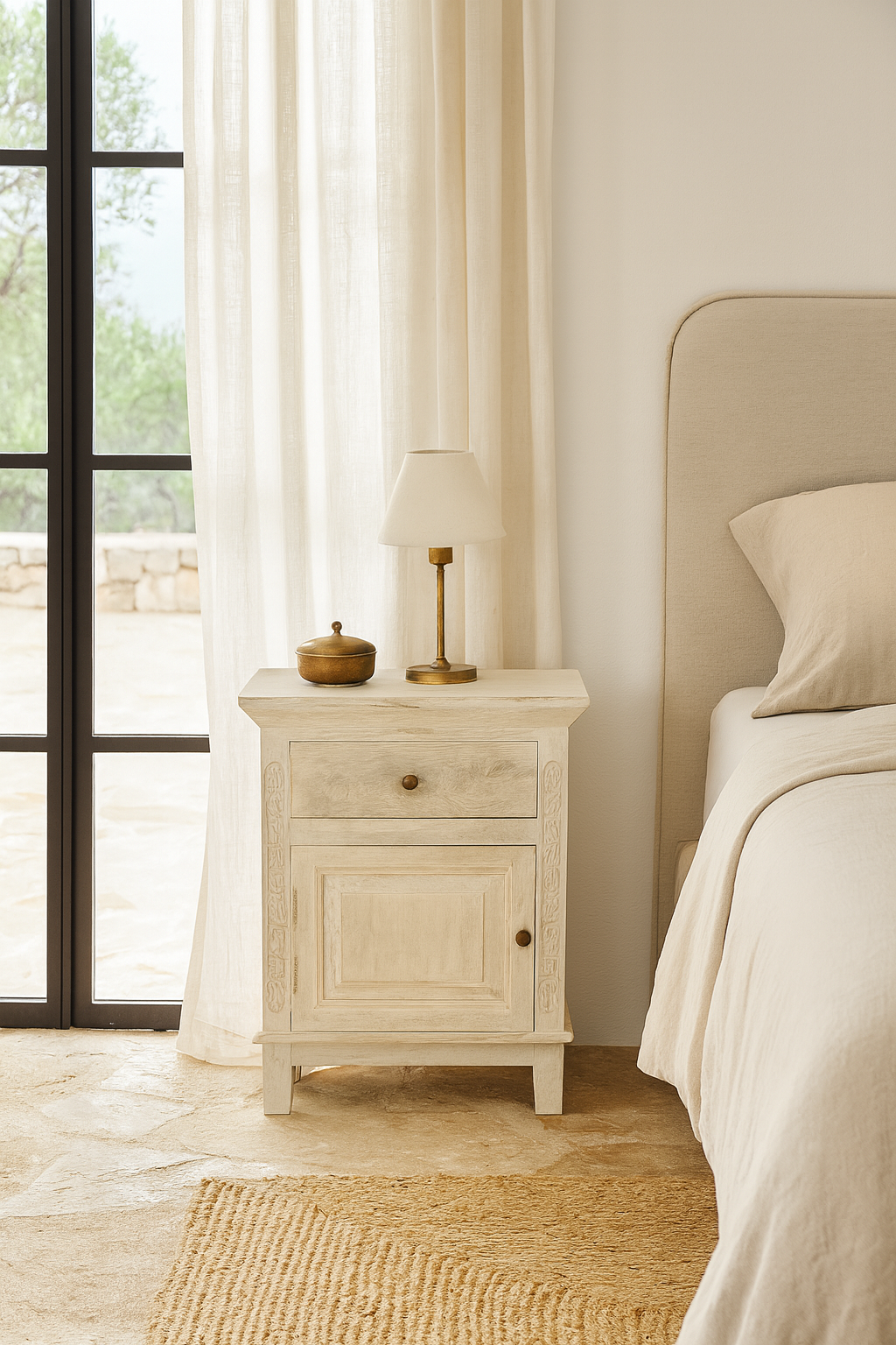 Lifestyle scene with a whitewashed nightstand made of mango wood with Mediterranean-style carved detailing and one drawer – Indi bedside table by Om Home & Garden