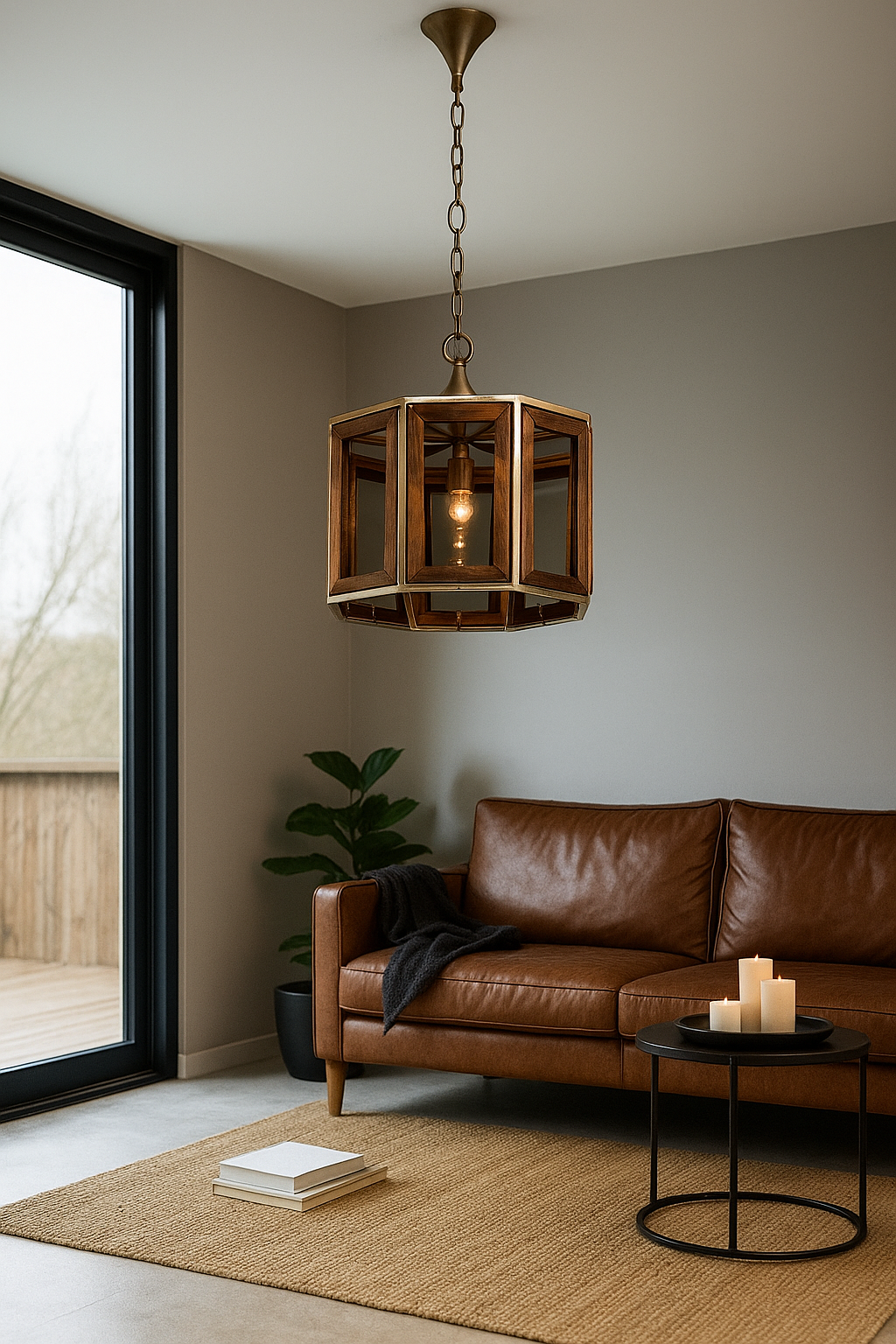 Living room with a brown leather sofa, pendant light, and small table with candles.