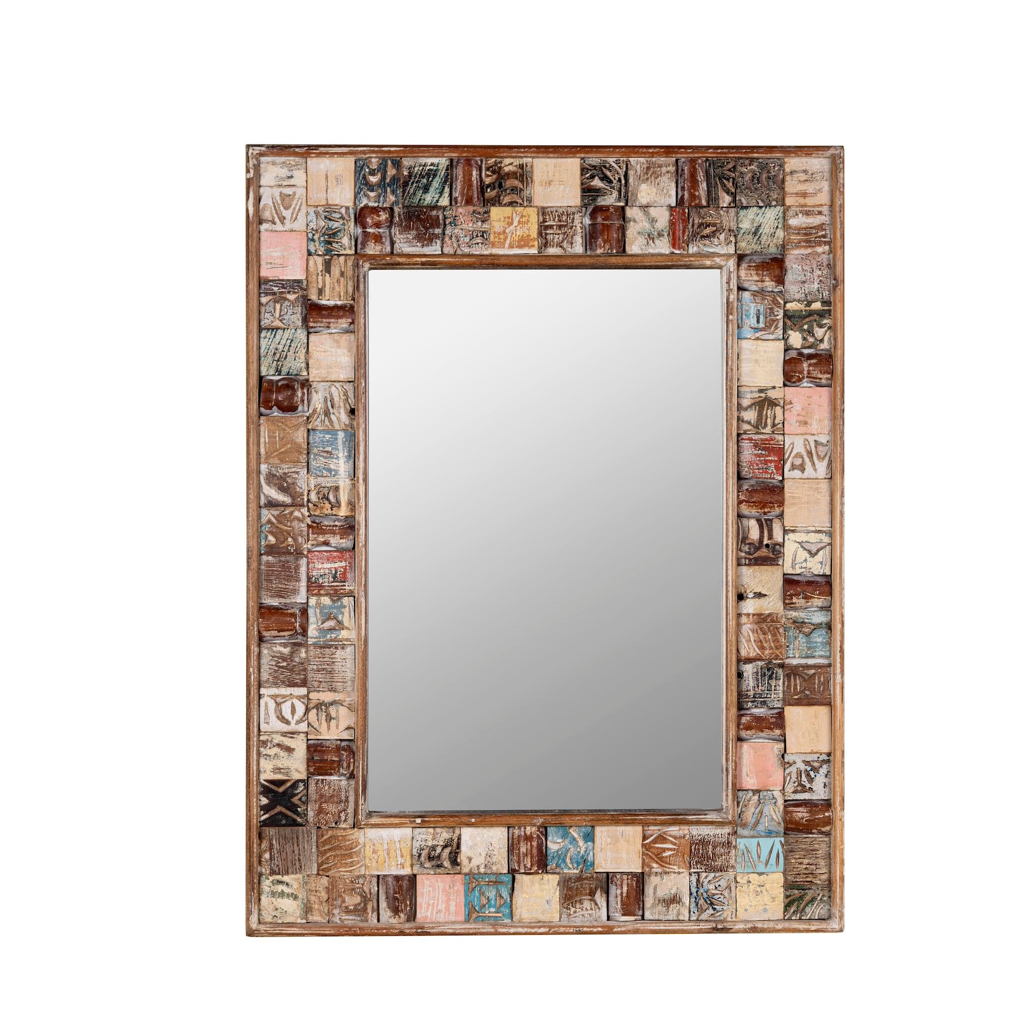 White background image of a rectangular mango wood mirror with reclaimed wood patchwork frame and distressed finish; perfect for vintage home decor and bohemian styling, 64 × 5 × 84 cm.