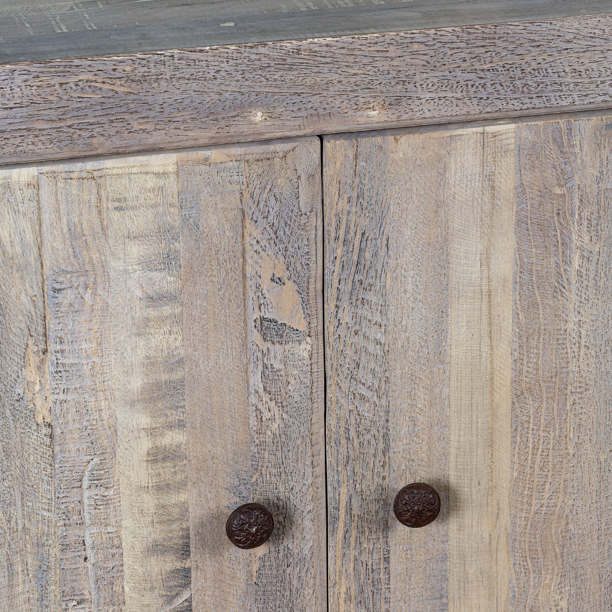 Close up image of a rustic cupboard made of reclaimed wood with two doors, sustainable bathroom furniture, 90 × 40 × 86 cm.