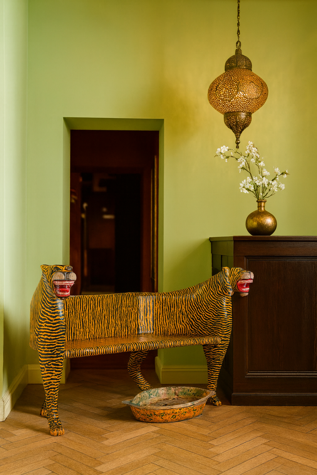 Lifestyle image of a hand-painted Tiger bench with double tiger heads and hand-painted stripes; unique furniture made from reclaimed teak, 160 × 70 × 90 cm.