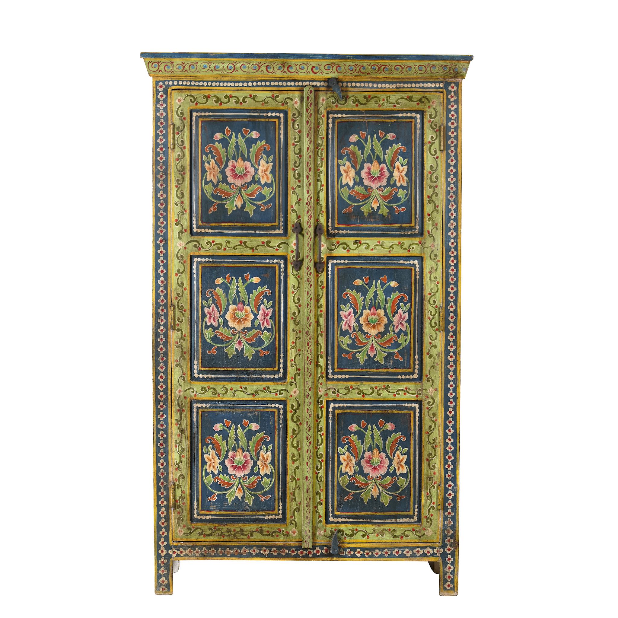 White background image of a hand painted wardrobe made of reclaimed wood with floral motifs; unique furniture for bedrooms or living rooms, 90 × 45 × 150 cm.