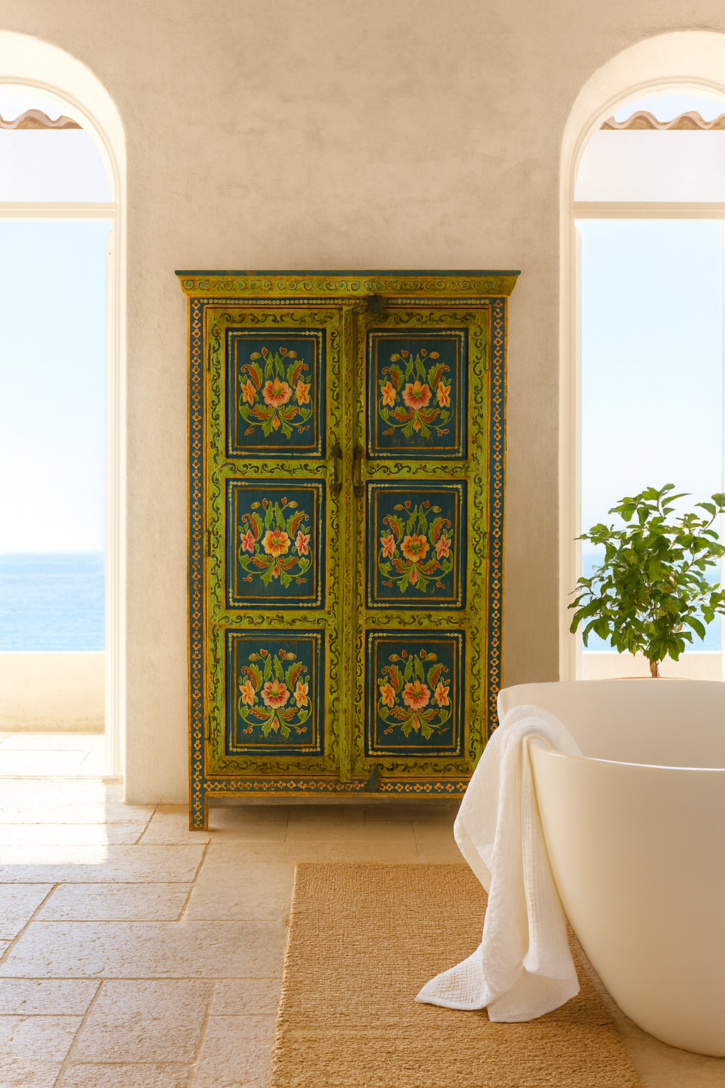 Lifestyle image of a hand painted wardrobe made of reclaimed wood with floral motifs; unique furniture for bedrooms or living rooms, 90 × 45 × 150 cm.