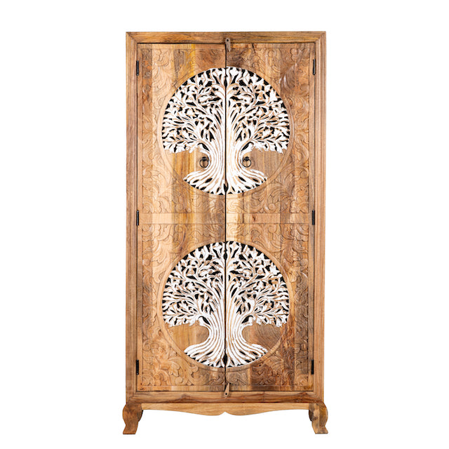 White background image of a artisanal Tree of Life furniture wardrobe with whitewashed carvings, handcrafted mango wood with four storage compartments, 90 × 40 × 180 cm.