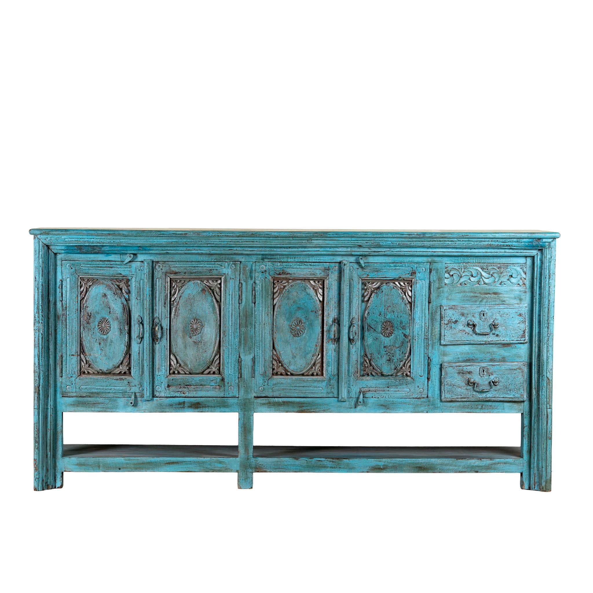 White background image of Kalpana antique console table wood with turquoise patina, part of our teakwood tables collection.