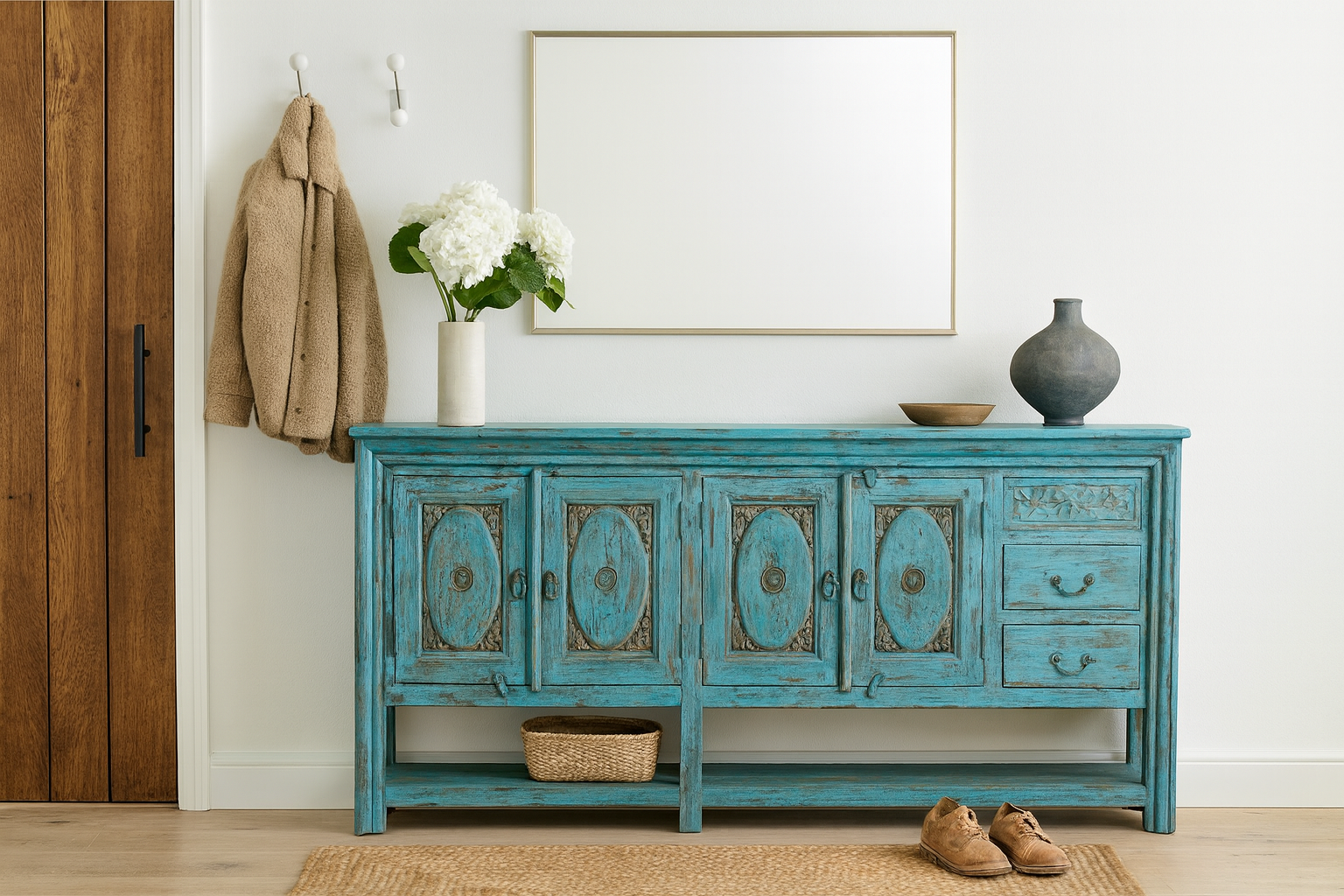 Lifestyle imagination of a Kalpana antique console table wood with turquoise patina, part of our teakwood tables collection.
