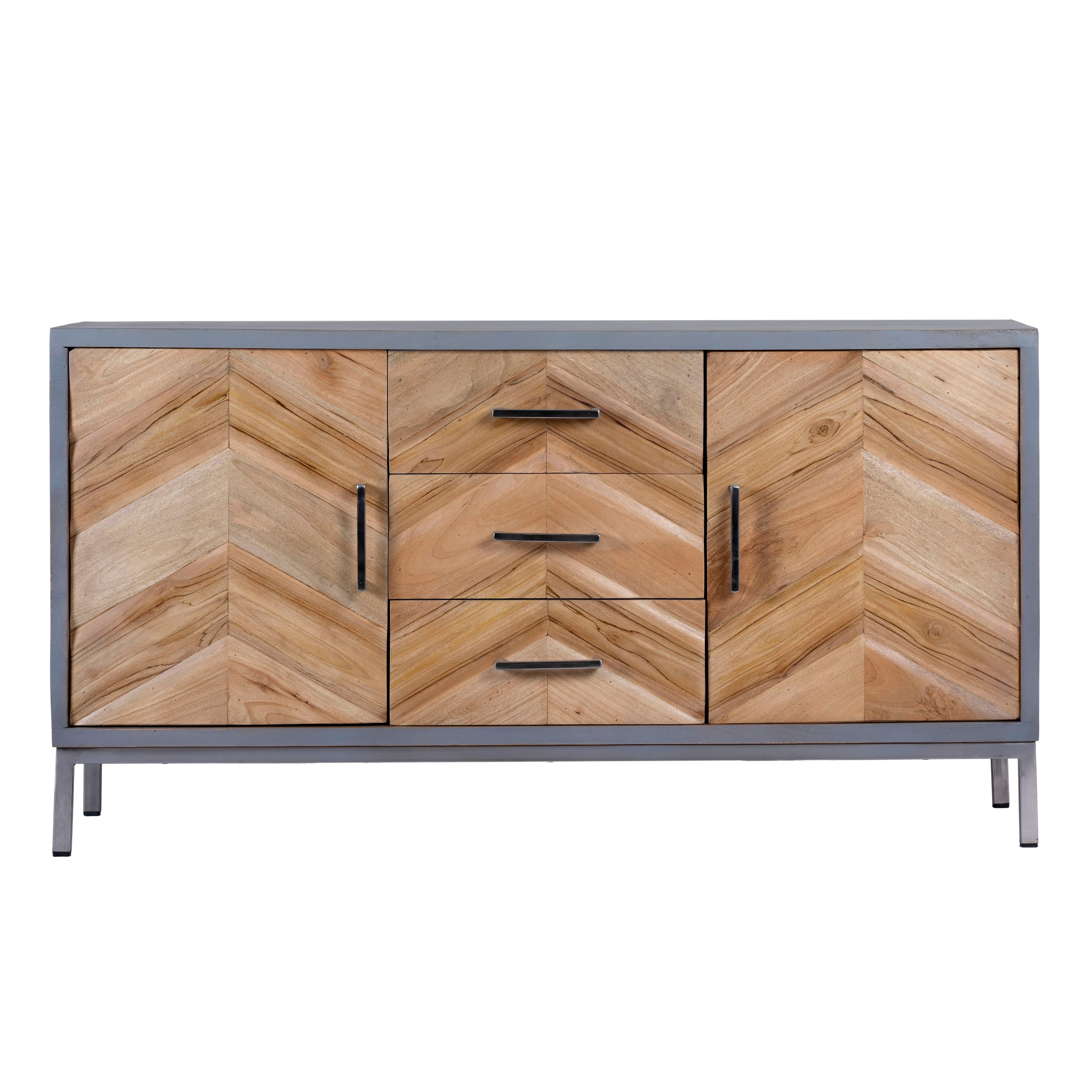 White background image of a handcrafted teak wood sideboard with parquet design and grey stainless steel frame—artisanal furniture ideal for a modern living room.