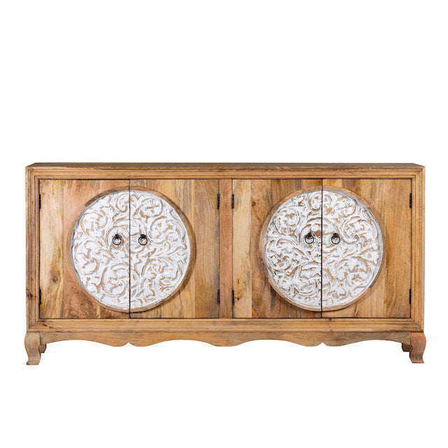 White background image of a carved wood furniture sideboard with whitewashed floral design, mango wood cabinet for boho chic living room, 180 × 40 × 90 cm.