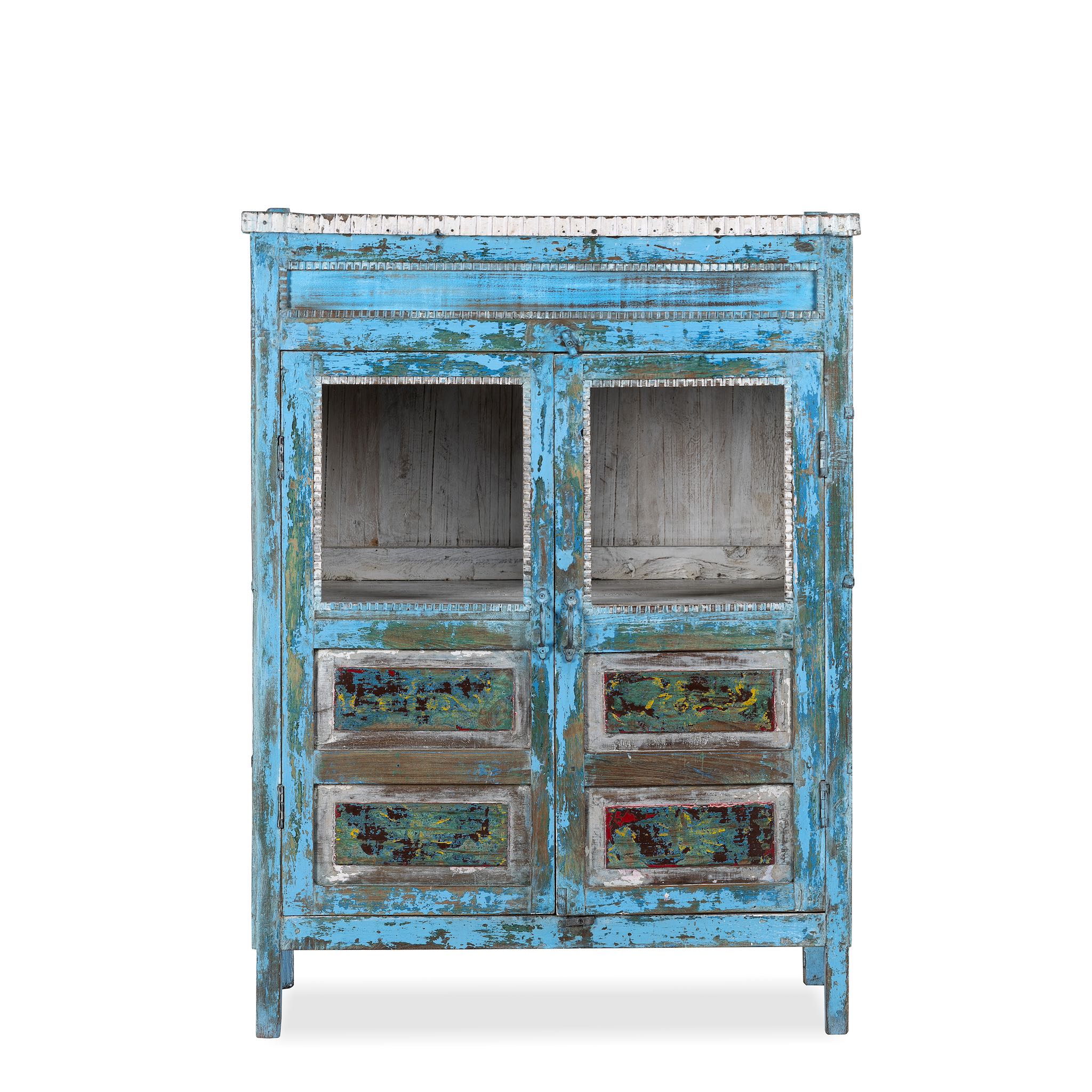 White background picture of a blue vintage glass door cabinet made of reclaimed wood with added decoration.
