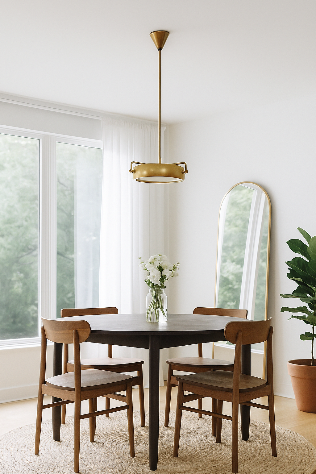 Dining room with a round table and chairs, featuring a pendant light and a plant.