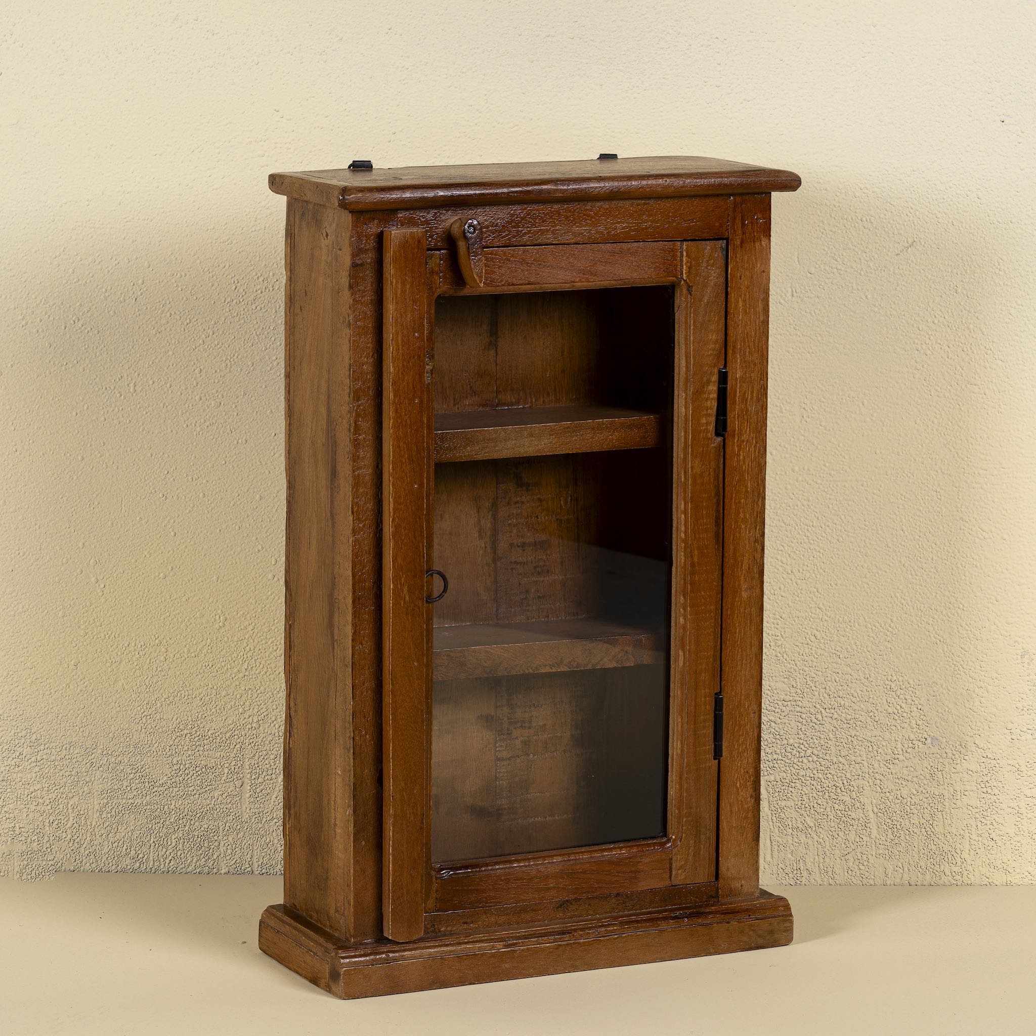 Small rustic bathroom wall cabinet made of reclaimed teak wood with glass door and shelves; bathroom furniture in vintage style, 40 × 15 × 63 cm.