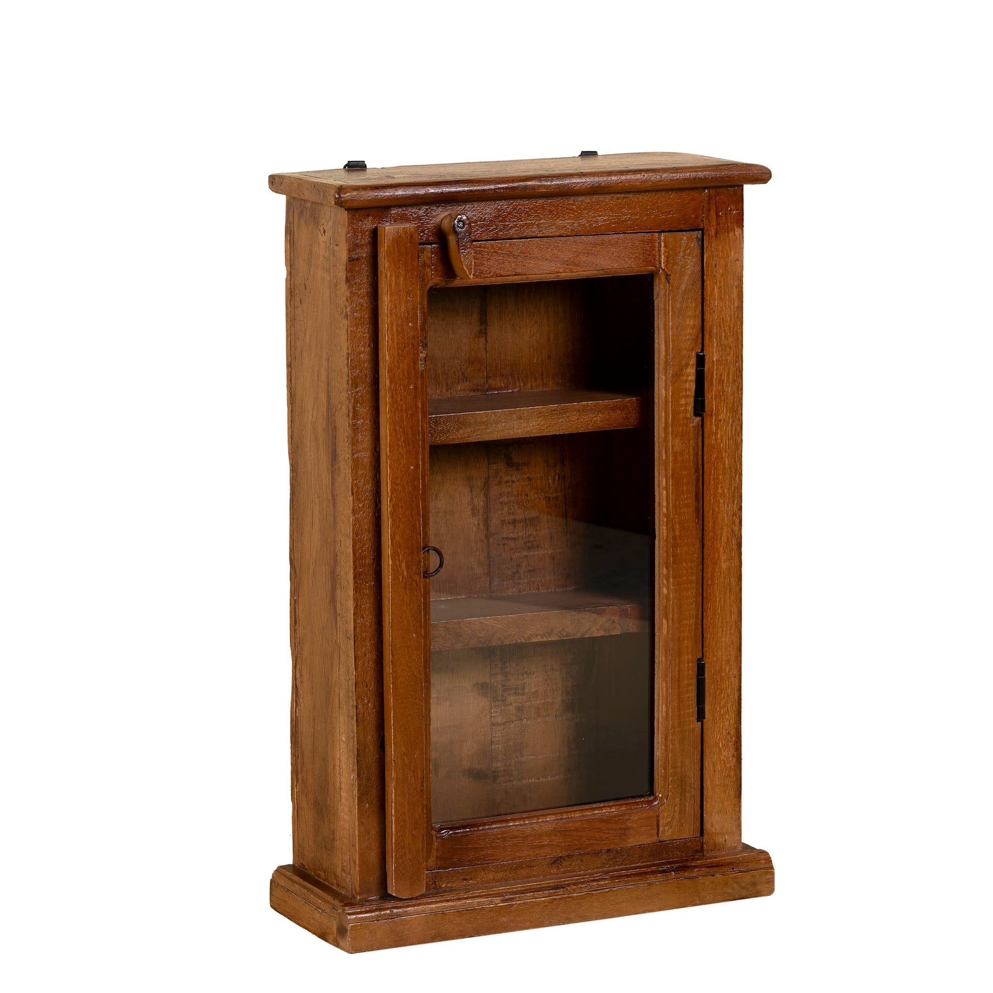 White background image of a small rustic bathroom wall cabinet made of reclaimed teak wood with glass door and shelves; bathroom furniture in vintage style, 40 × 15 × 63 cm.