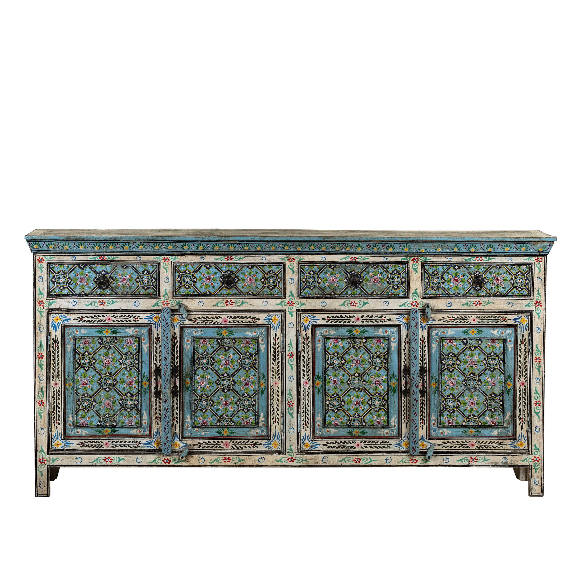 White background image of a hand painted furniture sideboard made from reclaimed teak wood with floral motifs, artisanal furniture in bohemian Mediterranean style, 180 × 40 × 90 cm.