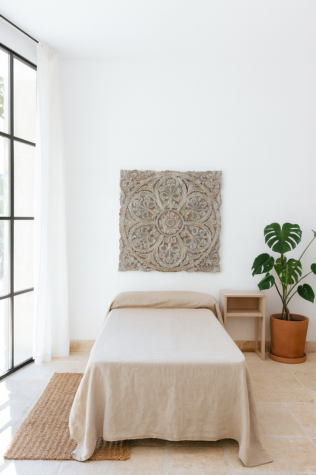 Lifestyle image of a Lina carved wooden wall panel made from solid mango wood, featuring detailed hand-carved floral patterns—an elegant wooden wall decoration with artisanal charm.