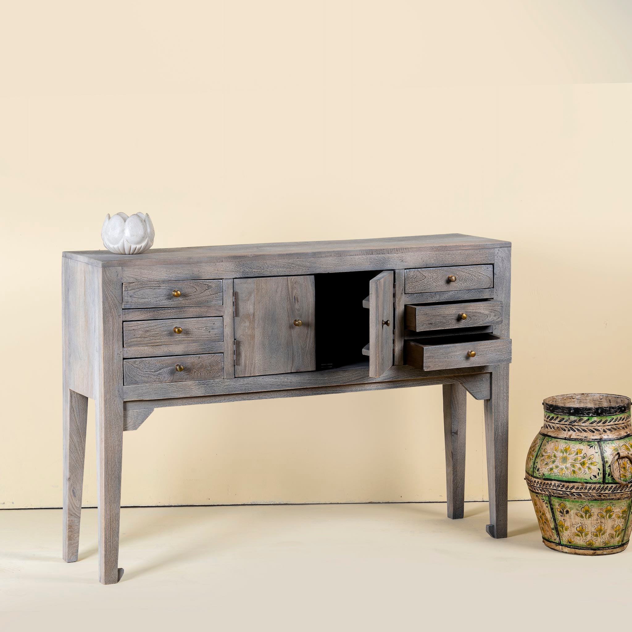 Gray console table wood with drawers and doors, ideal as an entryway table vintage statement piece.