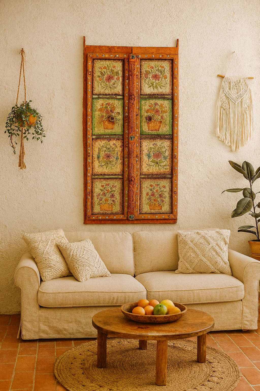 Living room with beige sofa, wooden coffee table, and decorative wall art.