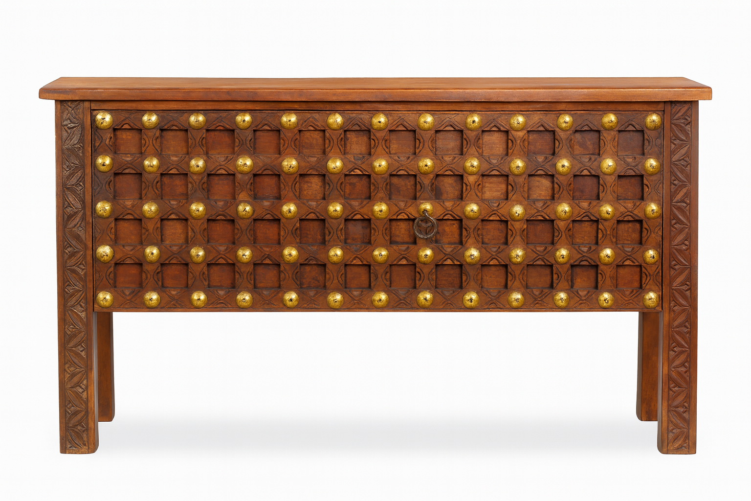 White background image of a reclaimed teak wood console table with antique door front and brass fittings; sustainable furniture, 170 × 90 × 48 cm.