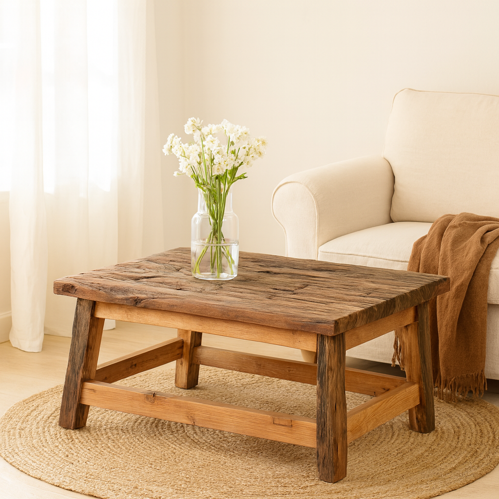 Lifestyle imagination of a rustic driftwood coffee table made from reclaimed wood with sandblasted finish; sustainable furniture, 100 × 50 × 45 cm.