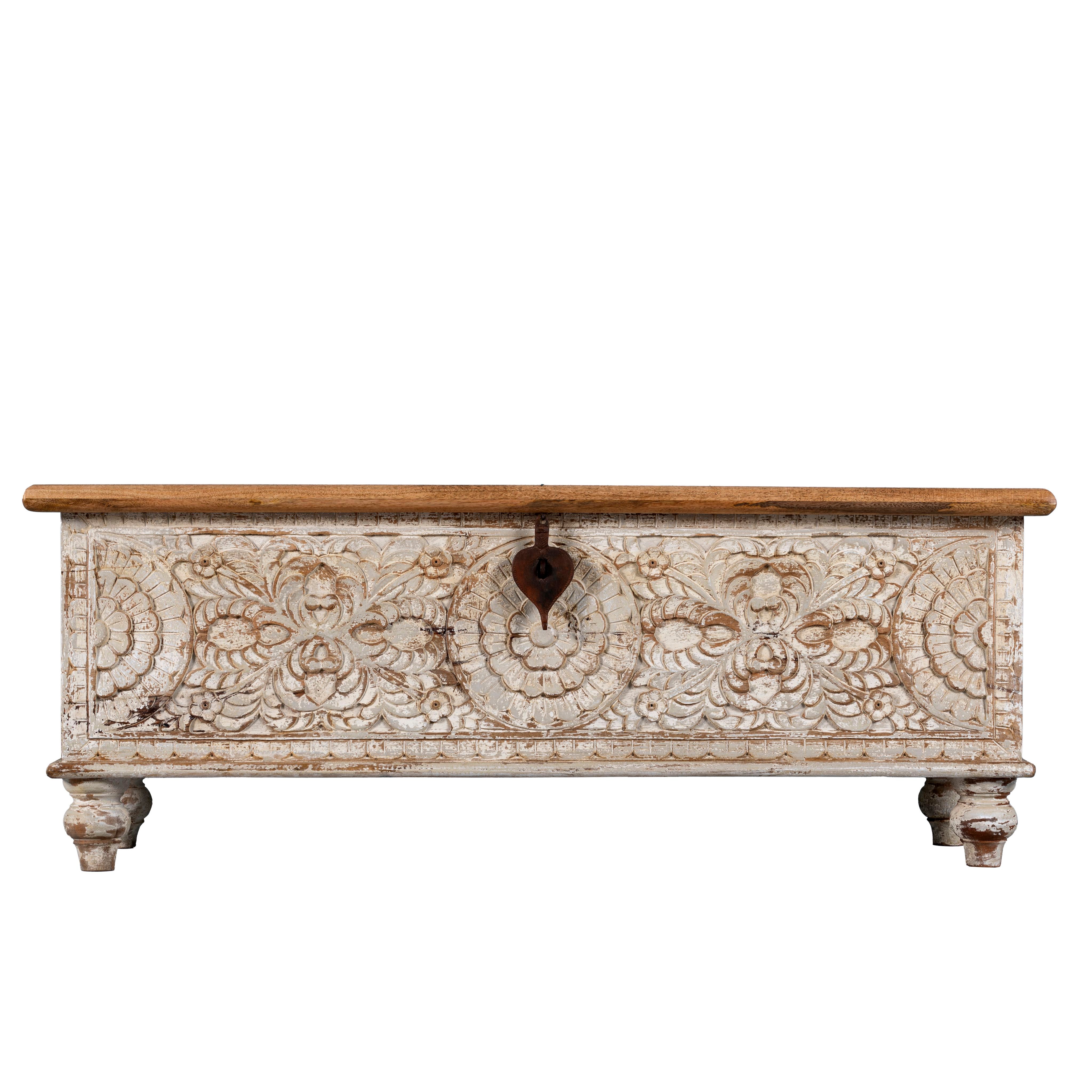 White background image of hand-carved mango wood chest box with floral motifs, whitewashed finish, and iron handles – vintage home accessory for rustic and elegant interiors.