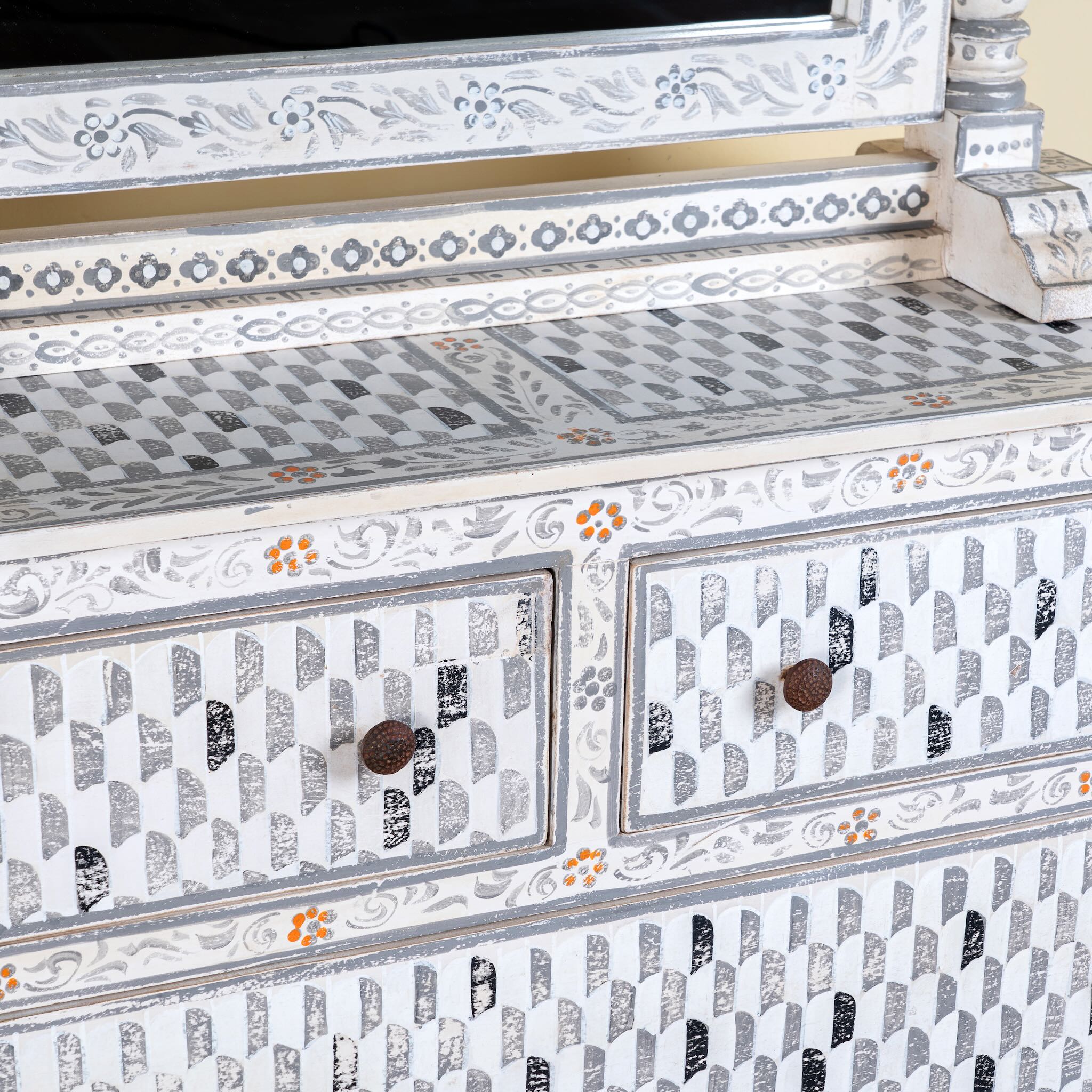 Close up image of a hand-painted dressing table with mirror made of reclaimed wood – Meira model by Om Home & Garden