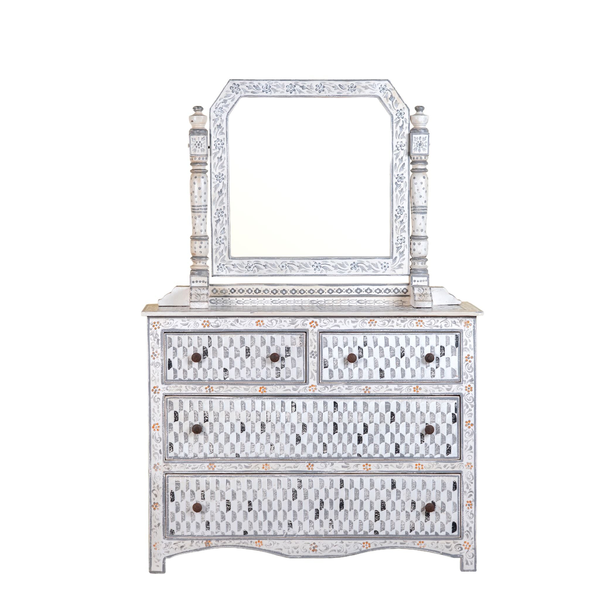White background image of a hand-painted dressing table with mirror made of reclaimed wood – Meira model by Om Home & Garden