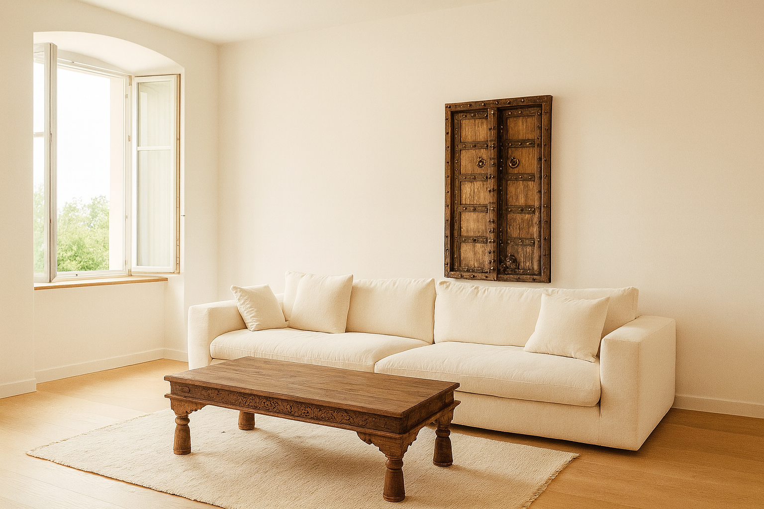 Living room with a white sofa, wooden coffee table, and decorative wall piece.