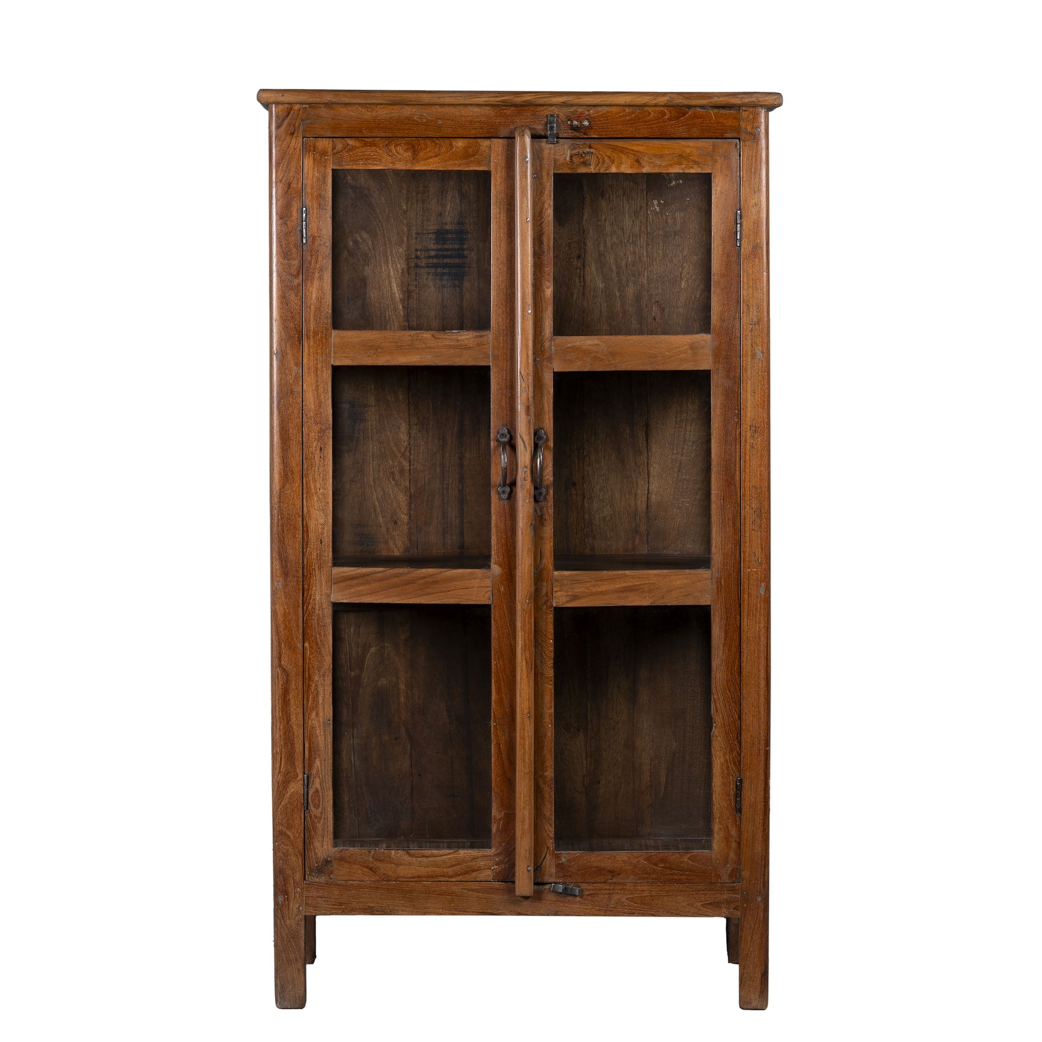 White background image of a compact reclaimed teak wood display cabinet with two glass doors and shelving – sustainable teak wood furniture combining functional design and unique character.